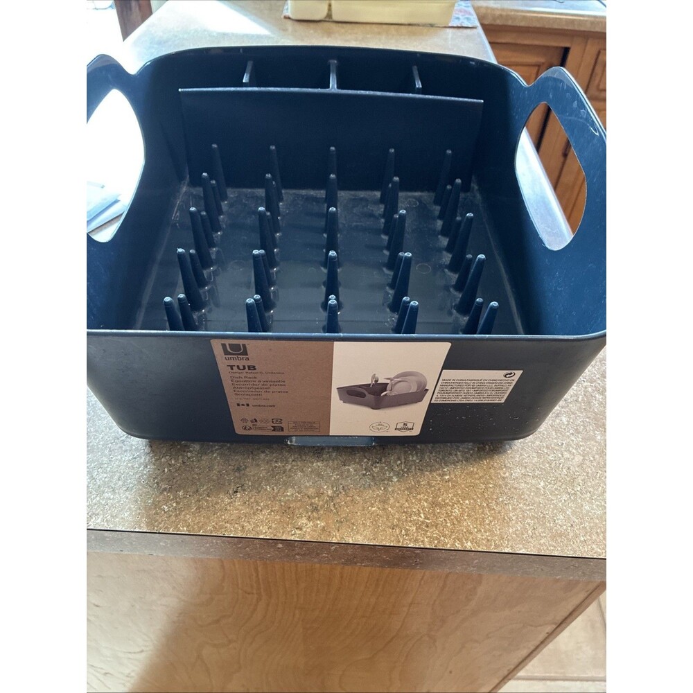 Umbra Tub Dish Drying Rack Lightweight Self-Draining Dish Rack for Kitchen Blue